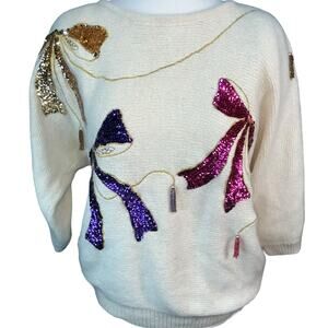 Work‎ In Progress Women’s Vintage Ivory Sequins Beaded Silk Angora Bow Sweater M